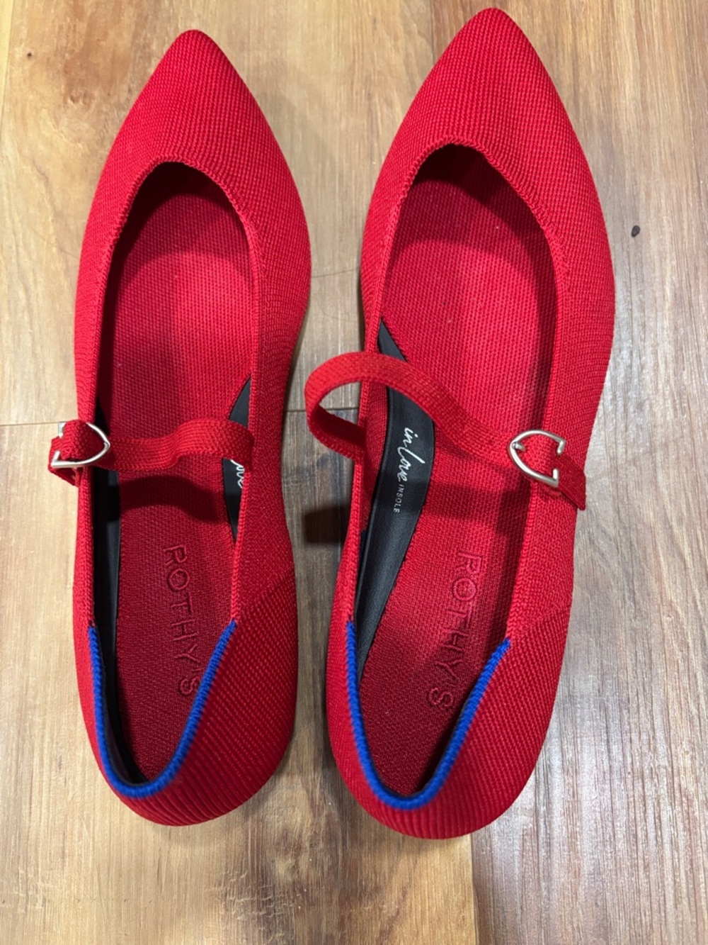 Rothy's Red Pointed Mary Jane Flats with Heart Buckle